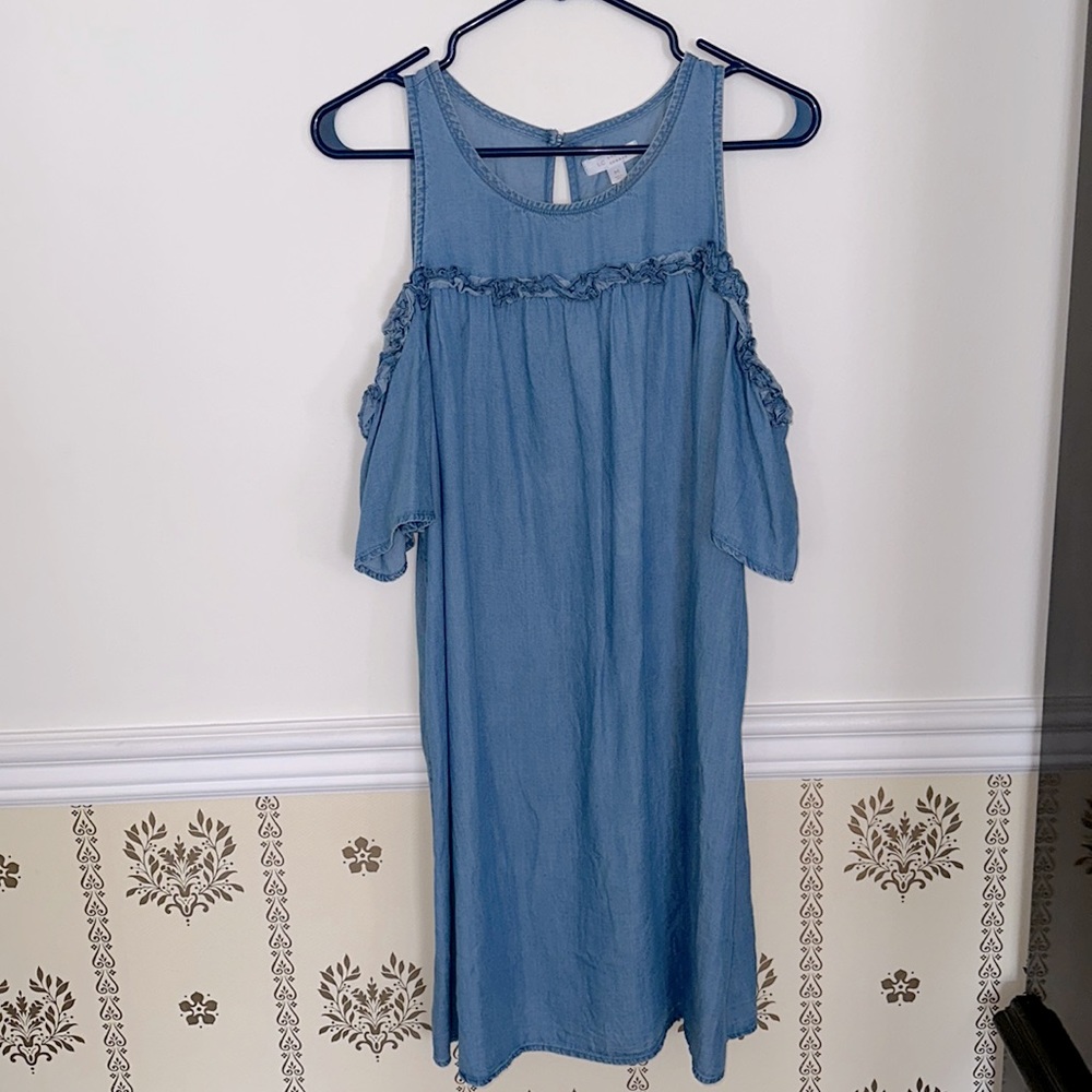 LC Lauren Conrad Denim Dress M Cold Shoulder Midi Chambray Comfy